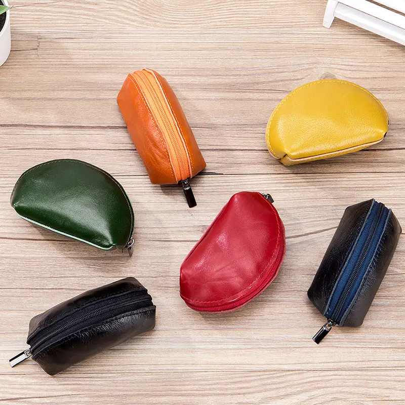 

Genuine Leather Coin Purse Bag Candy Color Mini Coin Purse Solid Color Wax Leather Bag Multifunctional Soft Earphone Storage Bag