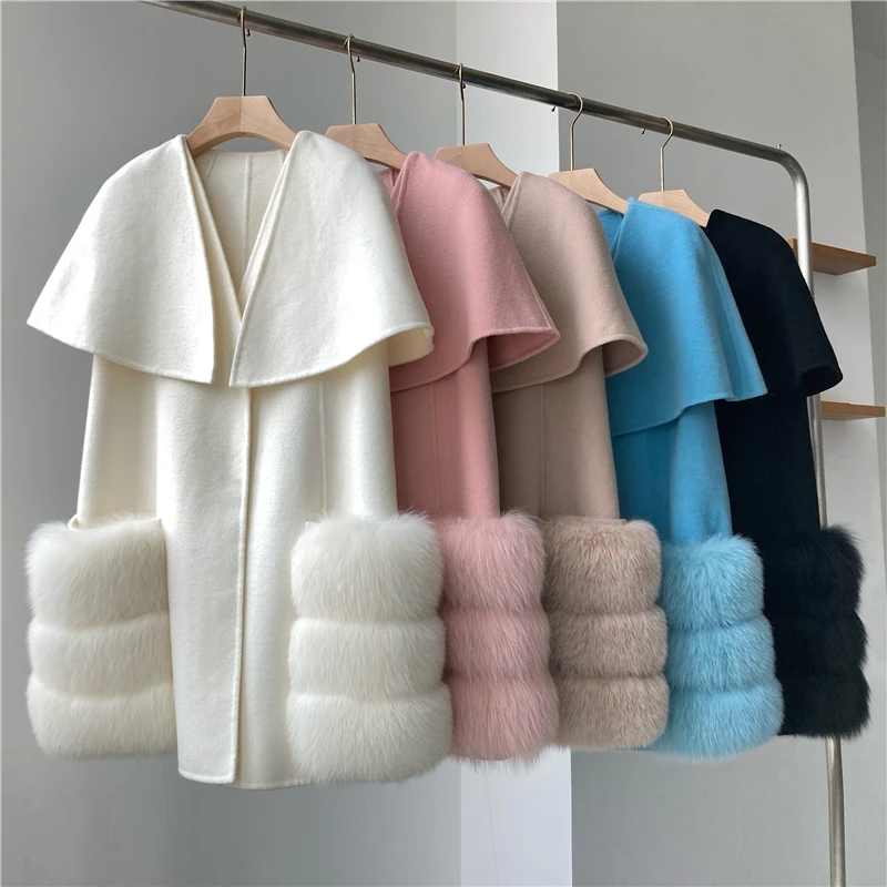 

High-Quality Double Face Wool Cashmere Blend Cloak Shawl Oversized japaness famous real Woollen Poncho Cape Coat With Fox Fur