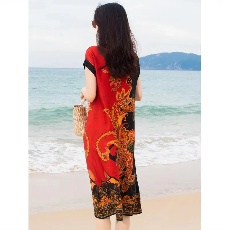 

Spring And Summer Silk Dress Women's Mulberry Silk Crepe De Chine Silk V-neck Medium Length Short Sleeve Fashion Dress