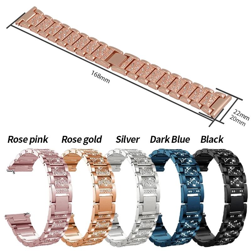 18mm 20mm 22mm Strap Women Diamond Bracelet for Garmin Watch Band Vivoactive 4/4S/3/Venu 2 1 2S/SQ/Vivomove HR Metal Steel Belt