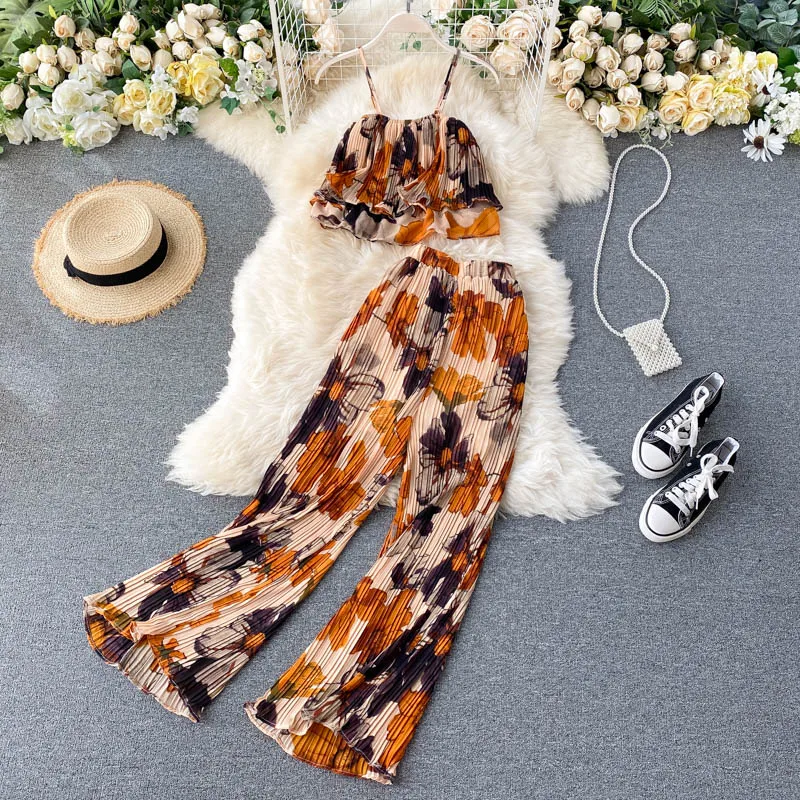 

Bohemian Floral Two Piece Set Women Sexy Slash Neck Spaghetti Strap Short Tops + High Waist Wide Leg Pants Pleated 2pcs Suit New