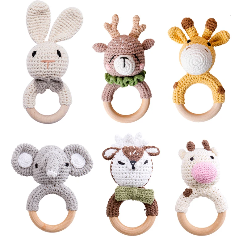 

1pc Baby Teether Music Rattles for Kids Animal Crochet Rattle Elephant Giraffe Ring Wooden Babies Gym Montessori Children's Toys