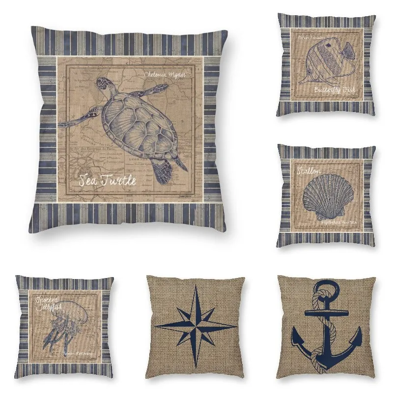 

Nautical Stripes Scallop Cushion Cover 40x40 Home Decor 3D Printing Navy Nature Ocean Throw Pillow for Sofa Double-sided