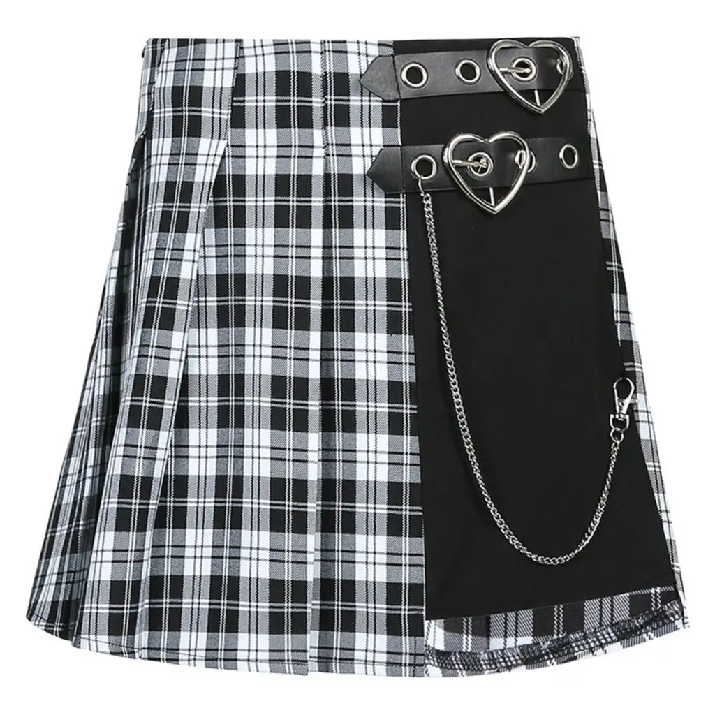 

Women Plaid Heart Buckle Belt Chain Decoration Irregular Design Summer Clothes Vogue Chic Harajuku Casual Pleated Mini Skirt
