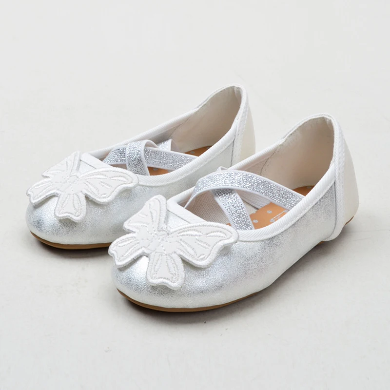 

Silver Children Shoes Baby Girls Shoes Princess Leather Ballet Flats Fashion Butterfly Knot Kids Single Shoe Girls Dance Sandals