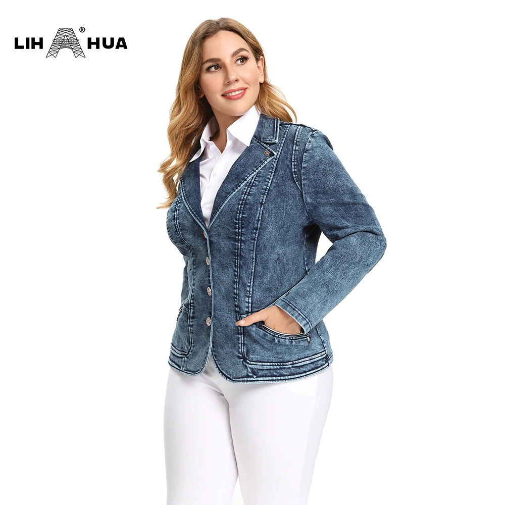 

LIH HUA Women's Plus Size Tailored Denim Coat Cotton Knitted Busine Suit Fashion Cotton Knitted Jacket