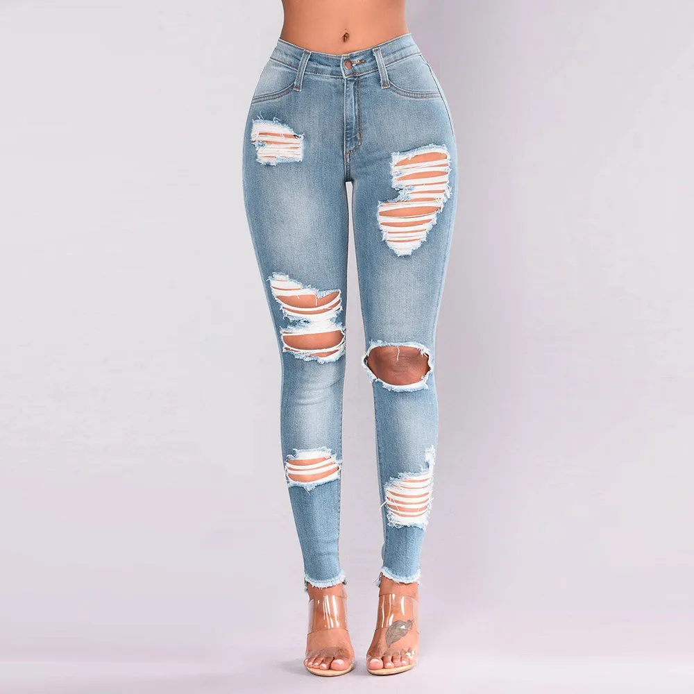 Jeans Woman 2020 Fashion Women Denim Hole Female High Waist Stretch Slim Sexy Pencil Pants Ripped Dropship #F | Женская одежда