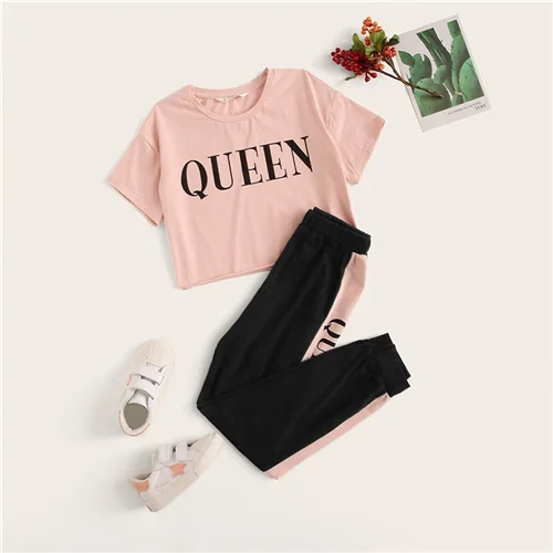 Multicolor SHEIN/Детская футболка с буквенным принтом для девочек и спортивные штаны с контрастными боковыми вставками, повседневный комплект для детей, г. Летняя одежда для активного отдыха костюм с короткими рукавами, комплекты - Цвет: Multicolor