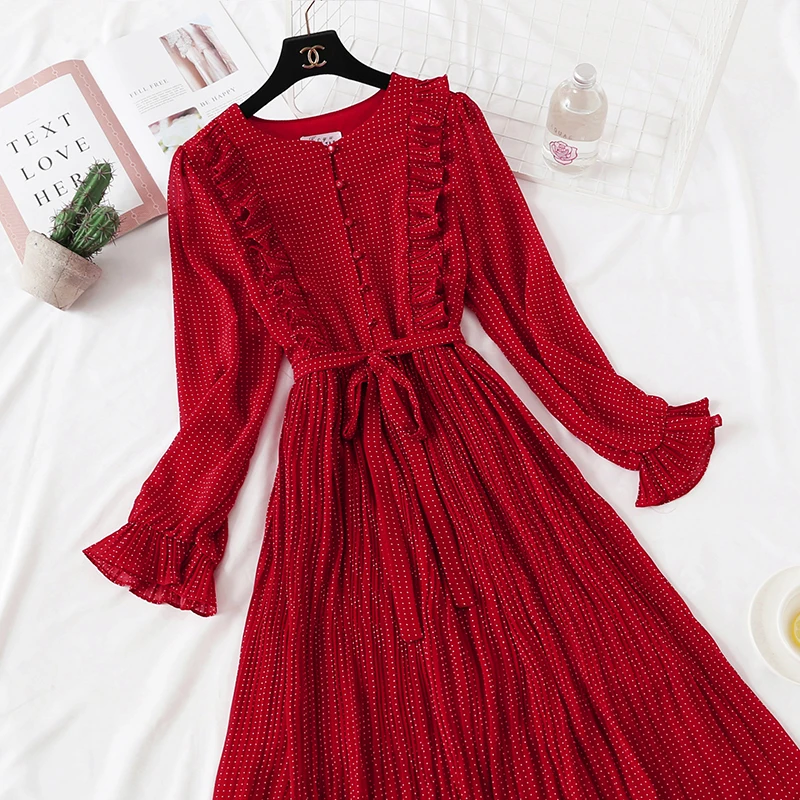 Новинка 2020 летнее красное шифоновое платье женское винтажное пляжное в горошек