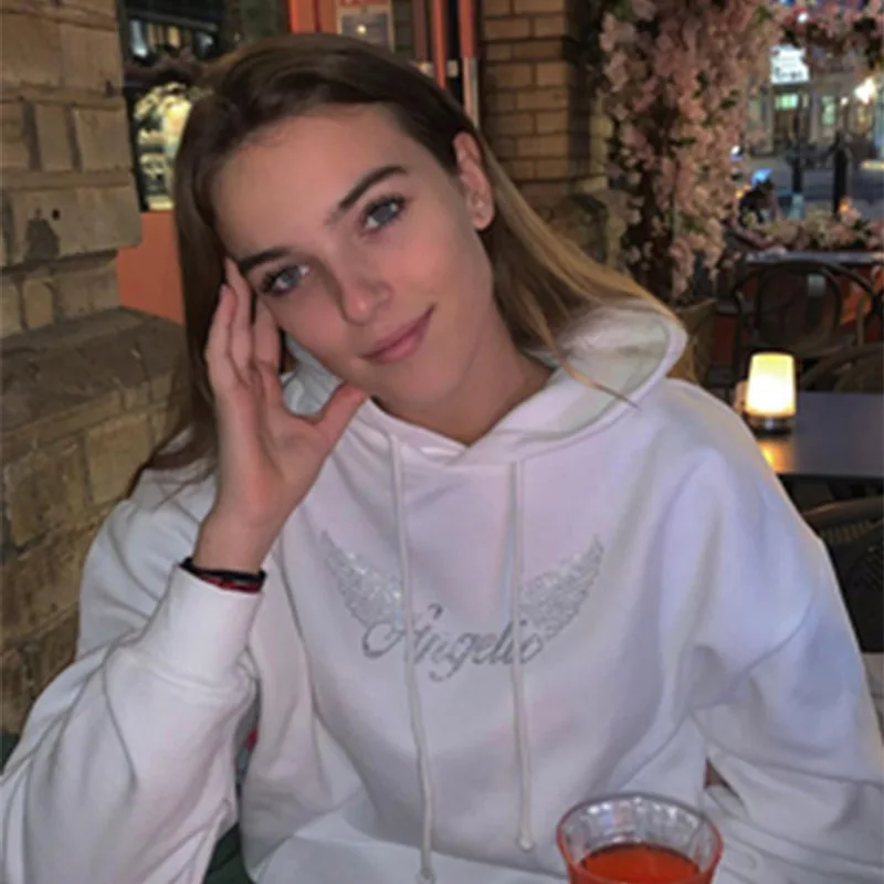 

Female Angel Wing Street Hoodie Loose Sports Jacket Keeps Pattern Hot Rhinestone Harajuku Y2K Shadow Warm vintage clothes punk