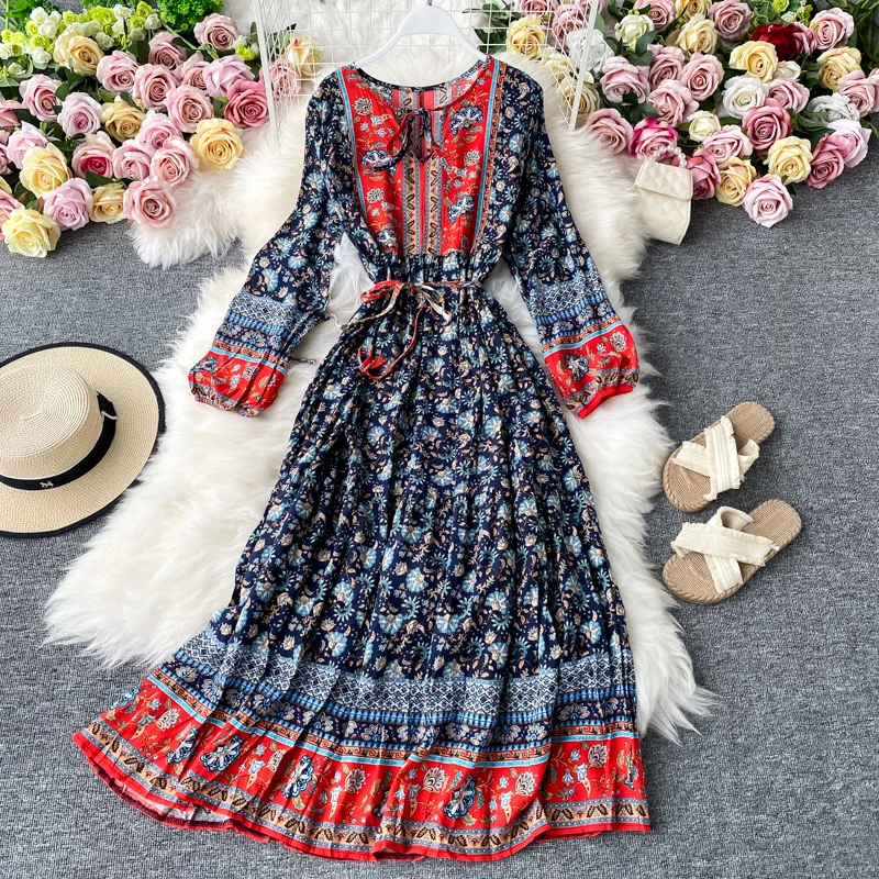 

Fashion Bohemian Women Dress Tribal Style Printed Flowers Long-sleeved Slim Lace-up Neck Swing A-line Flowers Long Dress