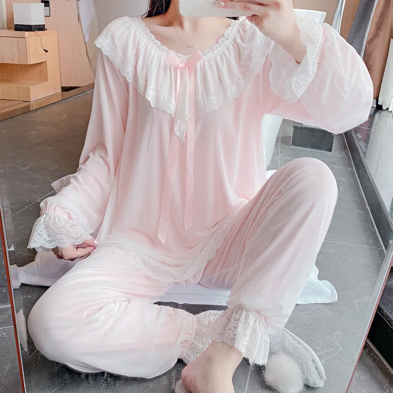 

Кружевной пижамный комплект, ночная рубашка, 2 шт., женская повседневная одежда для сна, одежда для отдыха, мягкая Пижама с бантом, пижама, руб...