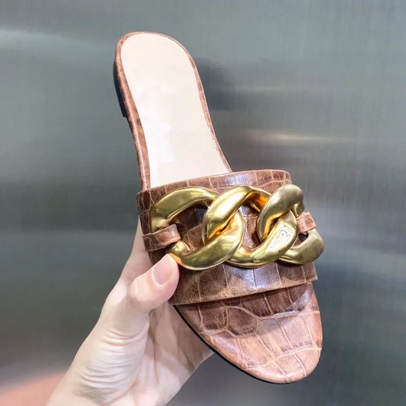 

2021 Spring And Summer New Women's Flat Slippers Crocodile Pattern Cowhide Leather 21 Fashion Chain Slippers Italy Size 35-41 N