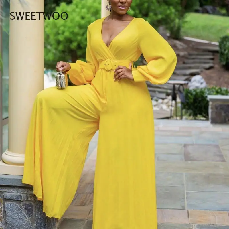 

Women Loose Jumpsuit Long Sleeve V Neck Wide Leg Pants New Elegant Office Ladies Work Wear Hight Waist Spring Summer Female 2021