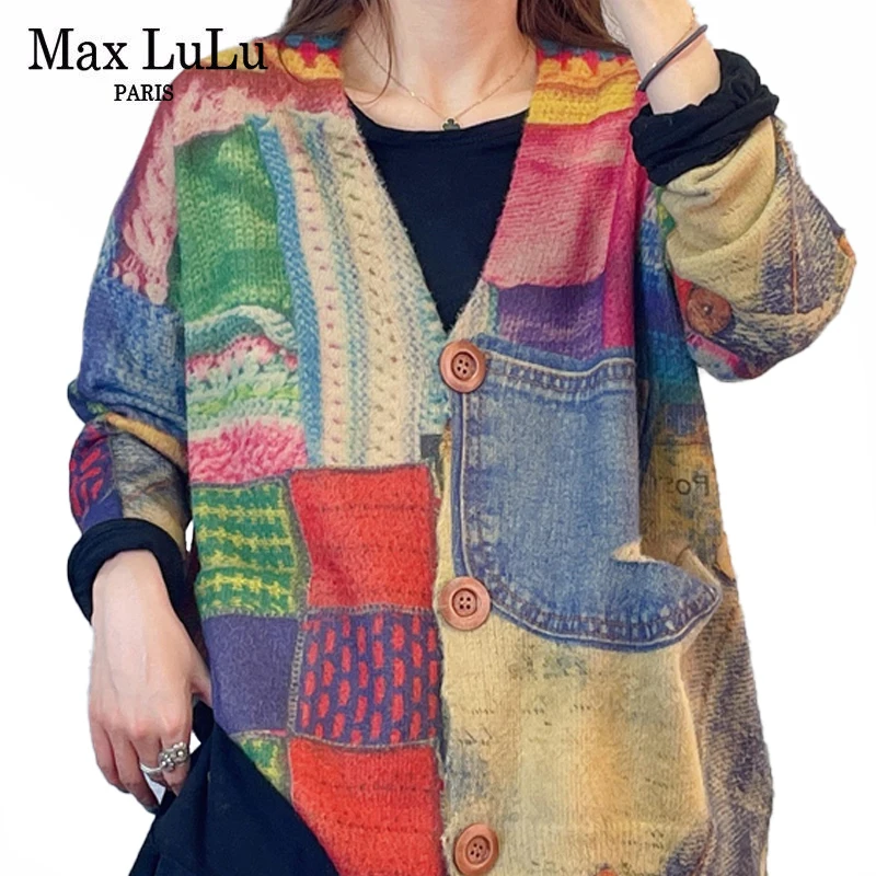 

Женский винтажный Повседневный свитер Max LuLu, свободный элегантный модный свитер в стиле пэчворк в Корейском стиле, осень 2021