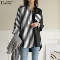 womens 2021 cotton linen blouse zanzea korean patchwork tops office lady spring lapel blusa casual long sleeves shirts oversized