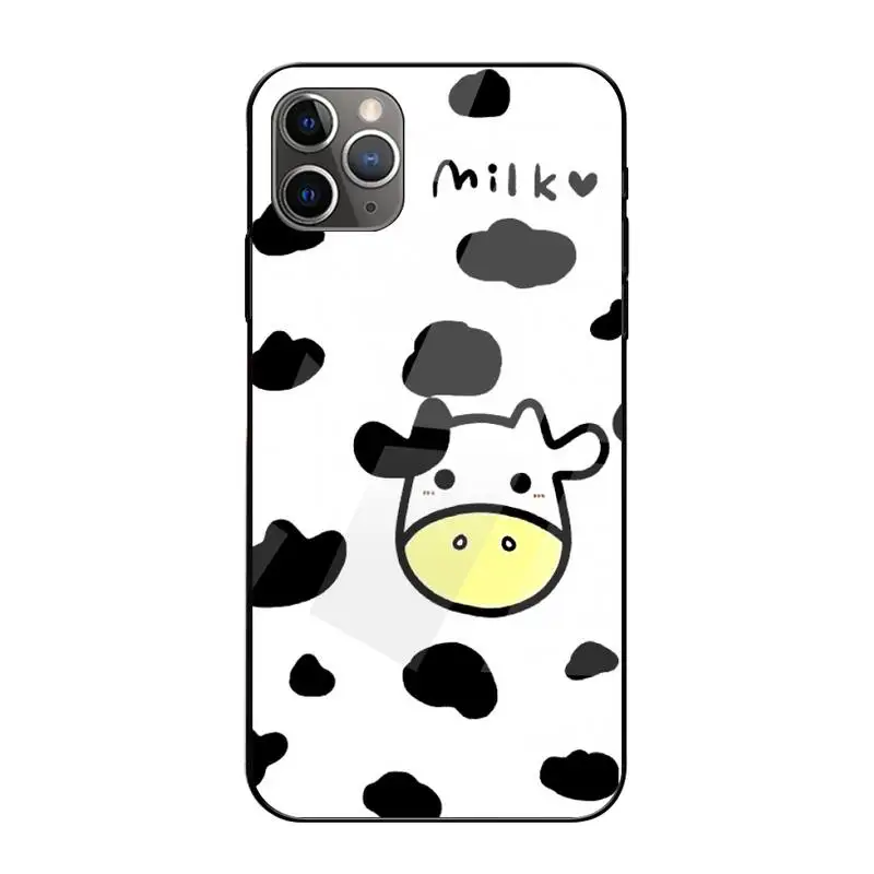 

0 Spotted Cow Skin Print Slim Rubber Phone Case Tempered Glass For Iphone 6 6s 7 8 Plus XR X XS 11 12 Pro Max