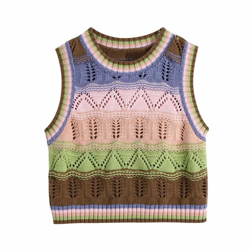 

ZA 2021 early autumn new women's clothing fashion European and American style hollow-out striped knitted vest sleeveless top