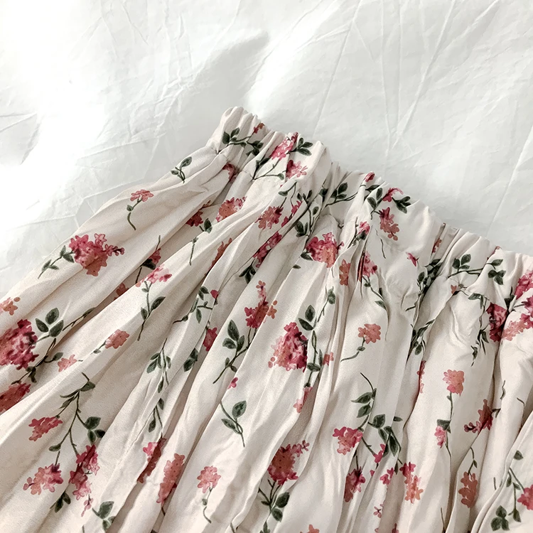 

Vintage Floral Print A-line Pleated Long Skirts Summer Women Korean Skirt Streetwear Drawstring Elastic Waist Midi Skirt