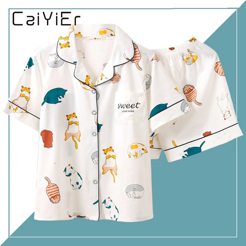 CAIYIER Summer Women Cotton Pajamas Sets Cute White Cat Print Short Sleeve Sleepwear With Eye Mask Girls Nightwear Lovely Homewe