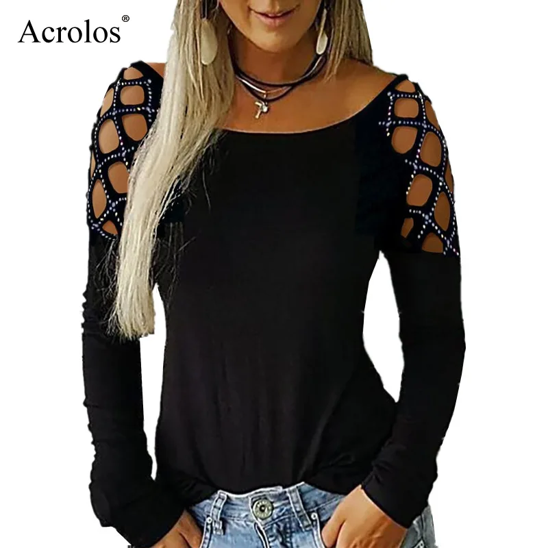 

Casual Tshirt Women Plus Size Solid Long Sleeve O-neck Pullover Tops T-shirt 2020 Sexy Hollow Out Female Harajuku T Shirt 5xl