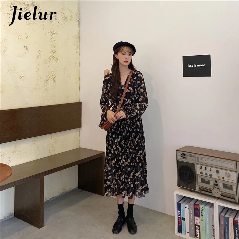 

Jielur Spring New Black Vestidos Women's Fashion Elegant OL Pleated Dress Female Casual Floral Chiffon Apricot Vintage Dresses