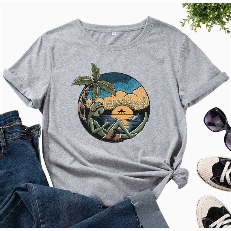 

Alien Print Funny T-shirt Women Cotton Plus Size Aesthetic Graphic Tees Casual Short Sleeve Summer T Shirts Travel Tees Tops