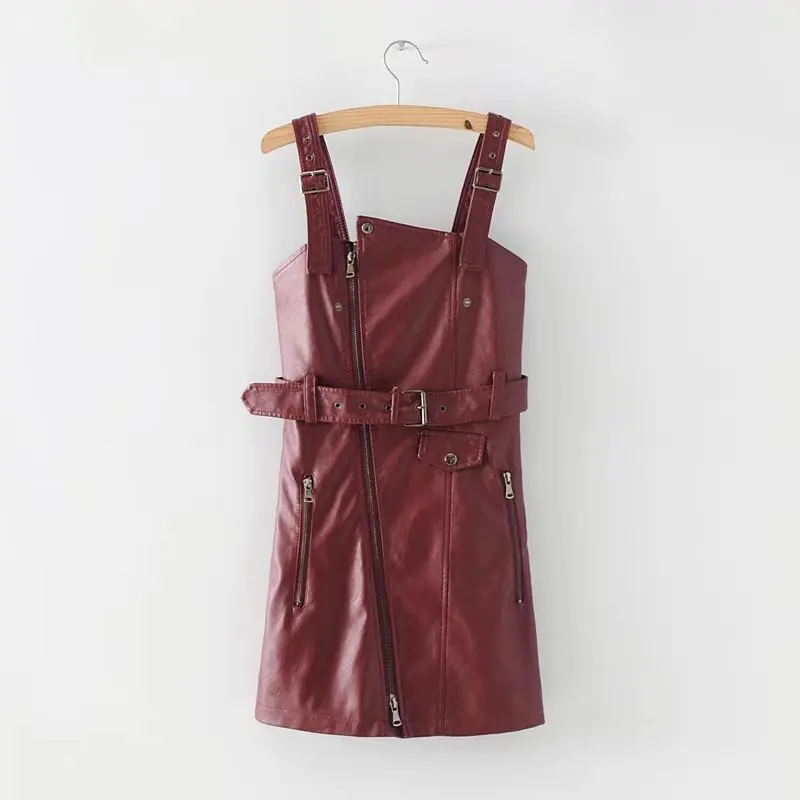 

Summer Red Women Wash PU Leather Dresses Female Sexy Sleeveless Short Spaghetti Strap Motorcycle Dress A Line Braces Suspenders
