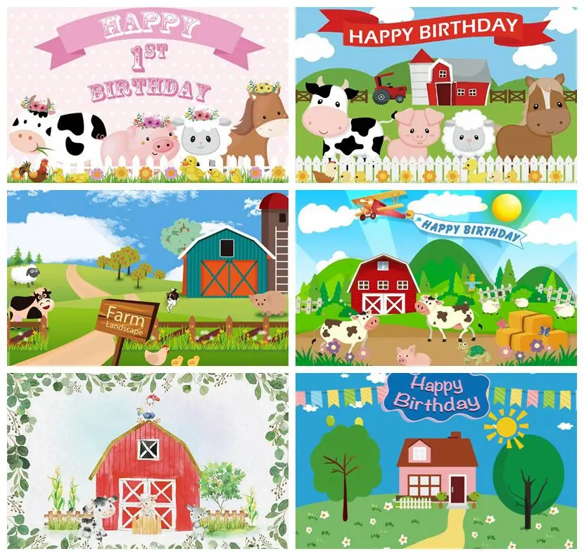 

Laeacco Happy 1st Birthday Photo Backgrounds Farm House Animals Grassland Newborn Photography Backdrops Baby Shower Photophone