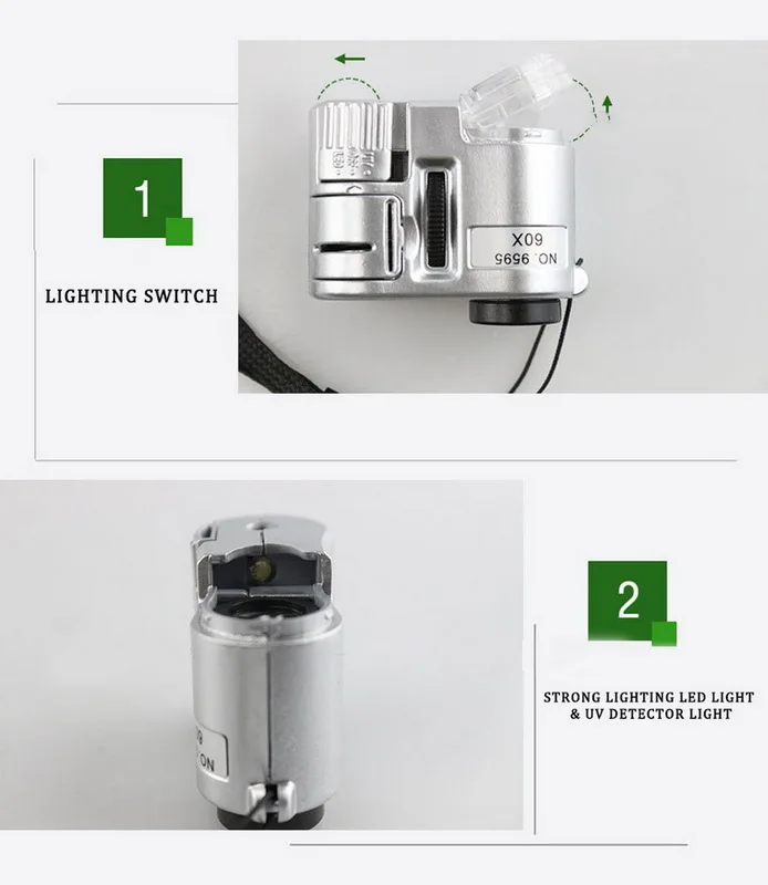 Увеличительное стекло карманный миниатюрный микроскоп увеличение 60х УФ лупа для