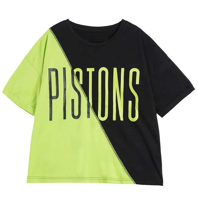 

2021 INS Summer T Shirts Stylish Girls Street Tops Double Colors Patched Letters Print O Neck Oversized Tees Women Freeshipping