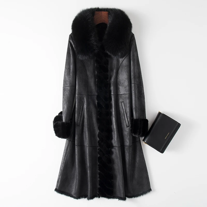 Шуба из натурального кролика Женская винтажная куртка с воротником меха норки