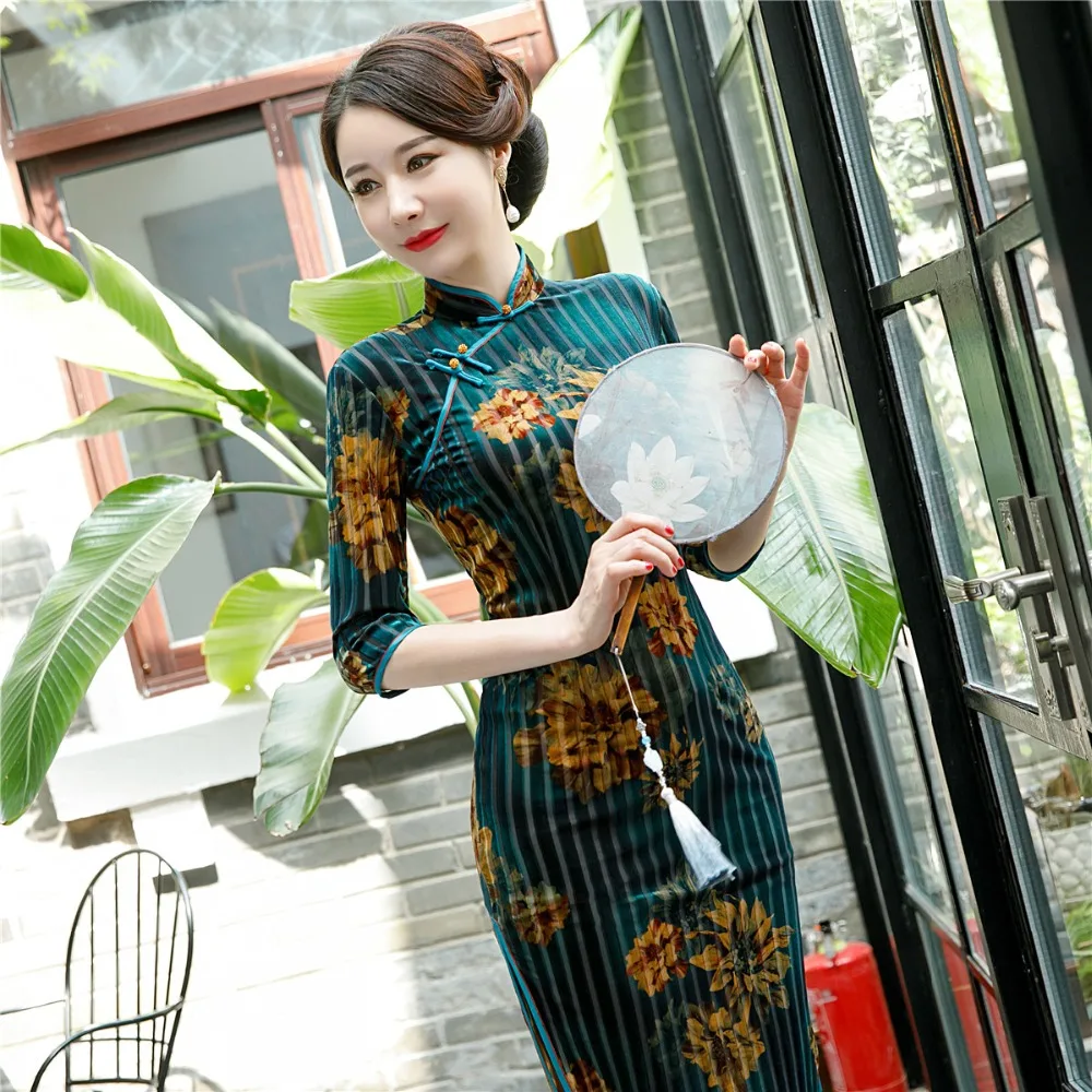 Шанхай история велюр Cheongsam по колено китайское платье Ципао традиционное платье зеленый