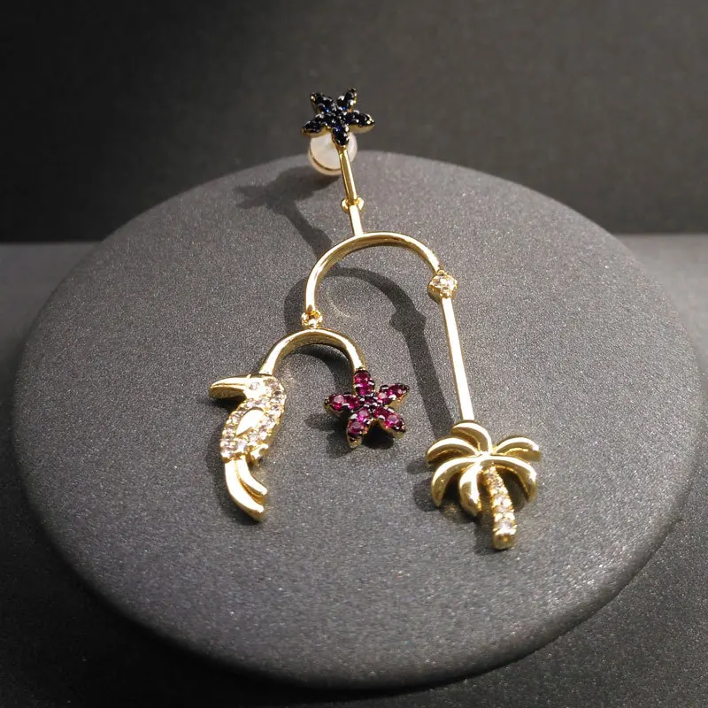 

popzone s925 sterling silver June new product tropical wind seahorse tassel earrings golden yellow flowerbird tassel earrings