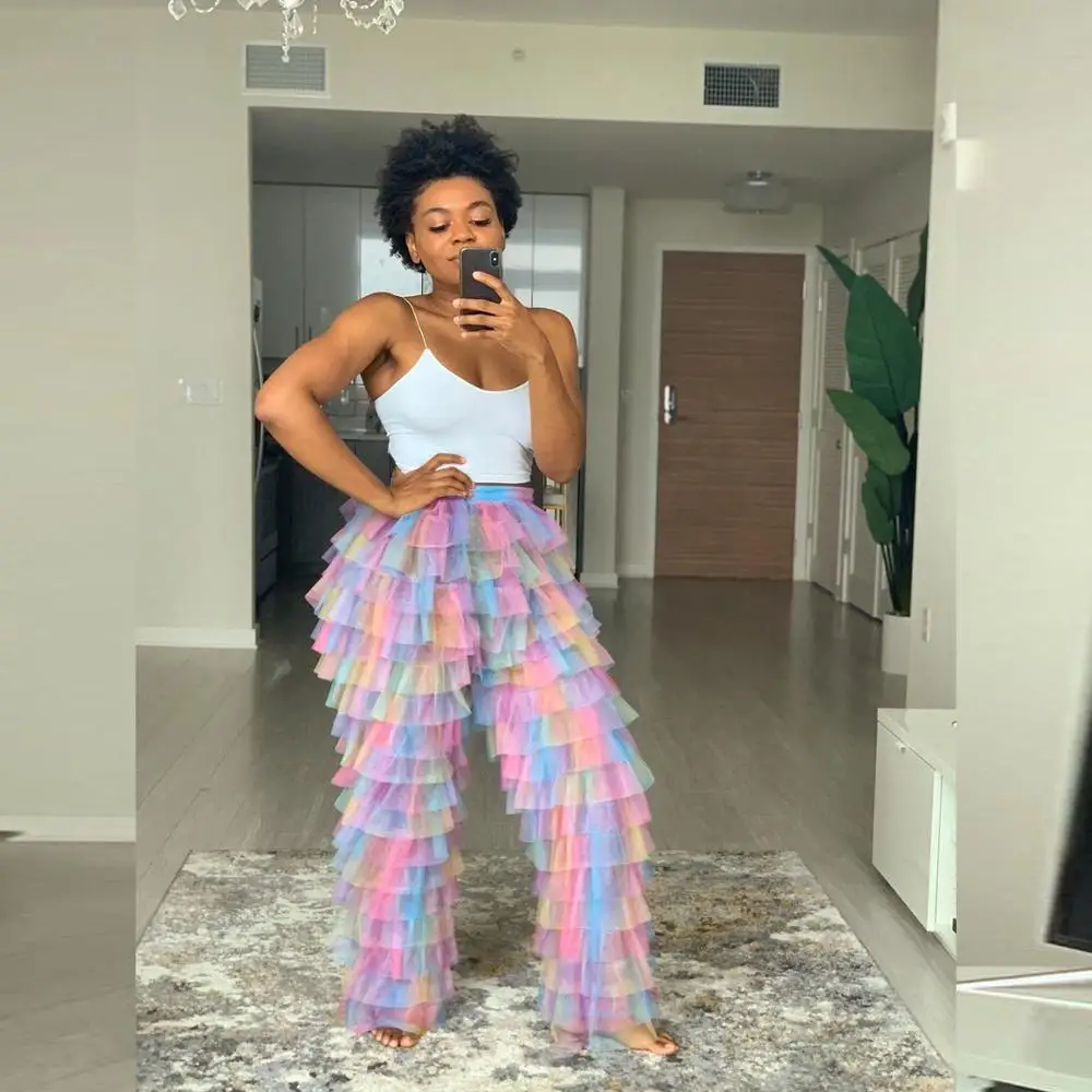 Уникальные женские красочные тюлевые брюки изготовленные на заказ радужные с