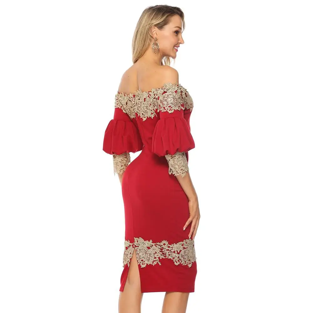 

women elegant slash neck strapless dress plus size puff sleeve club slim dress bodycon 2020 Christmas party dress dropshipping