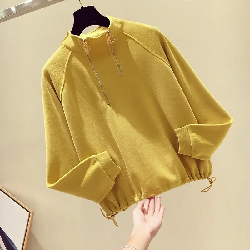 

Ladies Black Top Zipper Loose Oversized Streetwear Casual Pullover White Long Sleeve Sweatshirt All-match Tshirt Autumn Winter