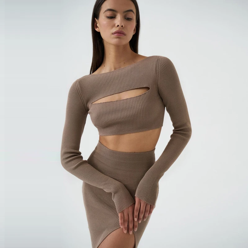 

Sexy Slim Knit Crop Top Two Piece Set Long Sleeve Slit Solid Color Mini Package Hip Skirt Hollow Out Autumn Casual Clubwear Suit