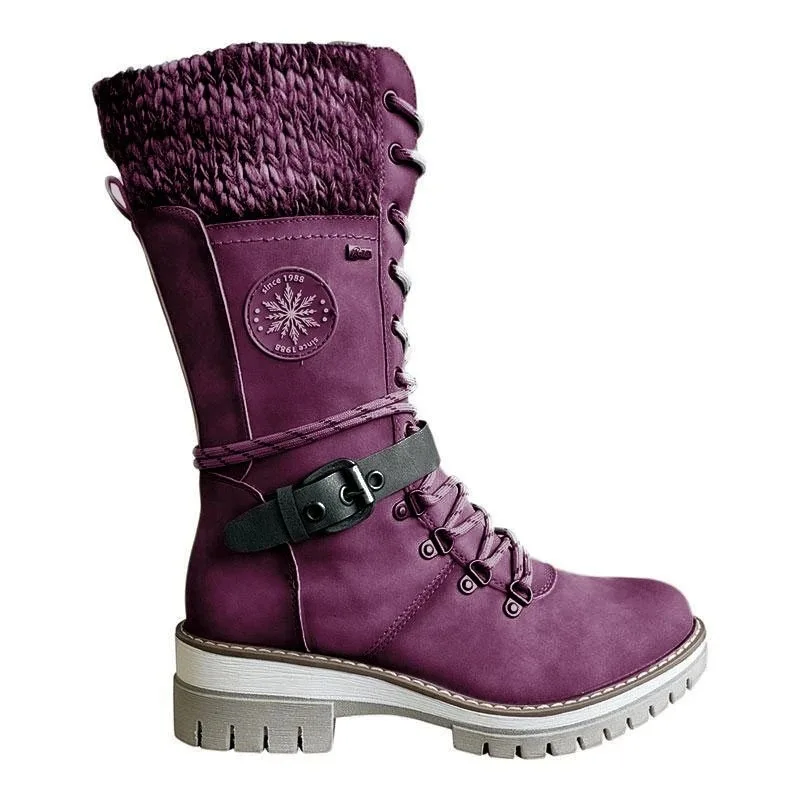 

Fall winter 2020 large women's high long tube belt buckle wool lace up boots