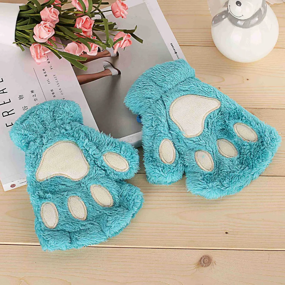 

New Women Cute Cat Claw Paw Plush Mittens Warm Soft Plush Short Fingerless Fluffy Bear Cat Gloves Costume Half Finger Party Gift