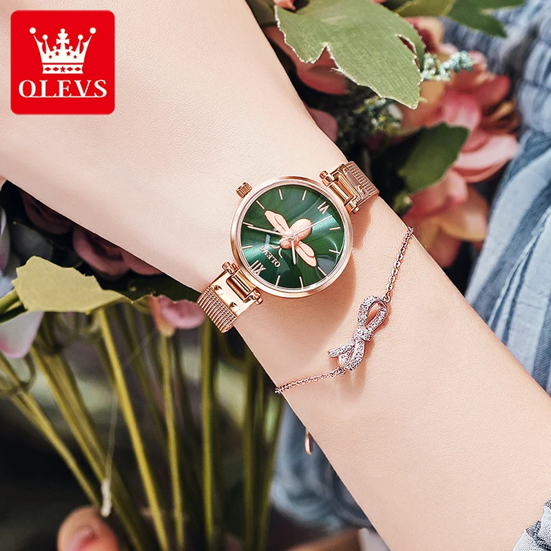 

OLEVS Casual Fashion Green Bee Dial Quartz Watch Ladies Mesh Strap Rose Gold Simple Ultra-thin Waterproof Women Watches 6895