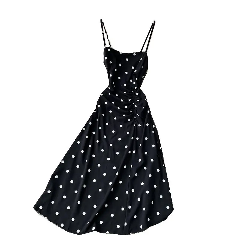 

STARK Polka Dot Chiffon dress women's new summer Vintage French port style open cut waist medium length suspender skirt