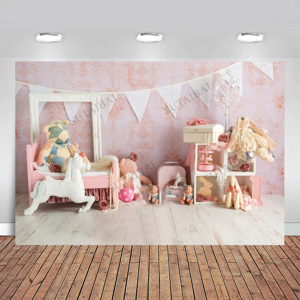 

Deco Birthday Girl Princess Pink Indoor Decoration Floral Wall Cake Smash Photophone for Children Backgrounds for Photos