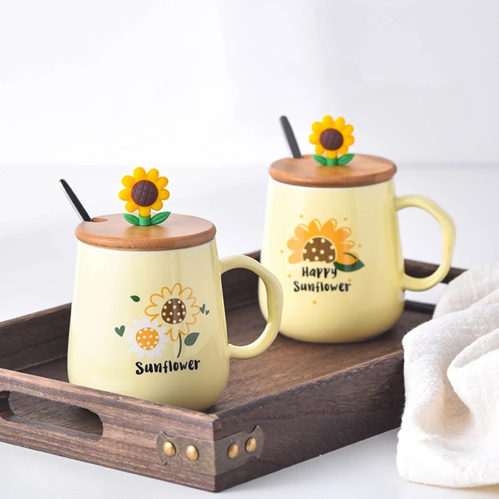 

Creative Ceramic Cup With Cover Cartoon Sunflower Breakfast Mug Coffee Milk Student Adult
