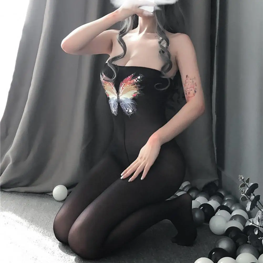 

Соблазнительное боди, женское цельное нижнее белье с принтом бабочки, полиэфирное Боди без бретелек, ночное белье для юбилейной носки