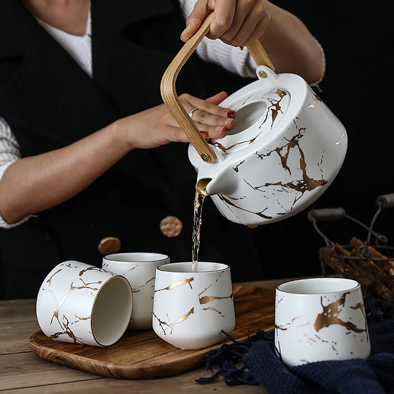 

Marbling Household Tea Set Japanese-Style Black and White Ceramic Afternoon Tea Cup with Acacia Mangium Base Support Teapot