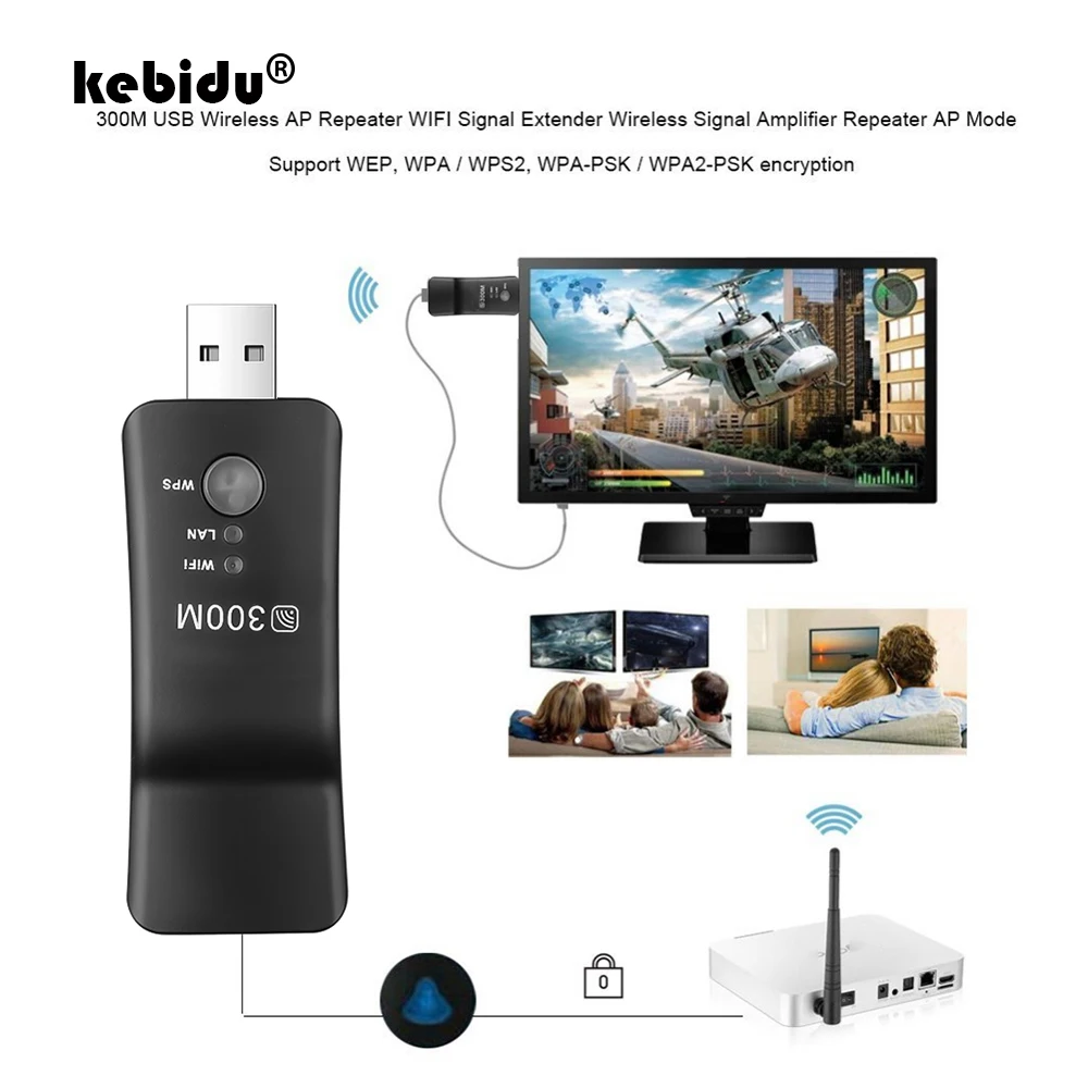 kebidu 2.4GHz 300Mbps USB To RJ45 Wifi Range Extender Wireless TV Network Wifi Repeater Adapter WPS For Samsung LG Sony HDTV