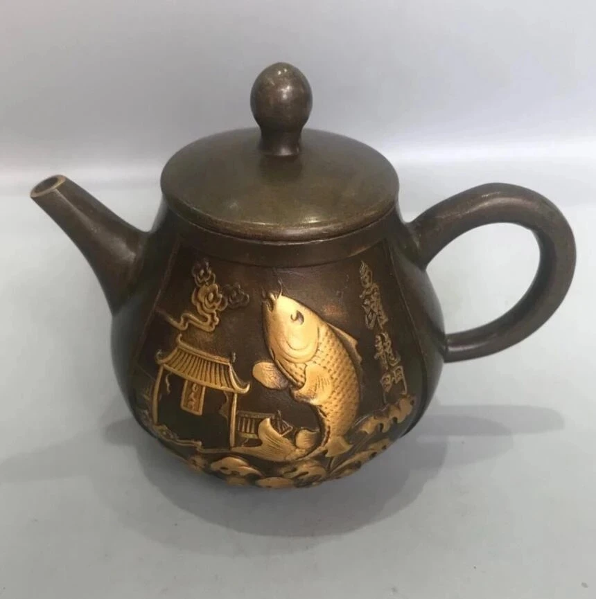 

Chinese pure copper Fish jump dragon gate teapot crafts statue