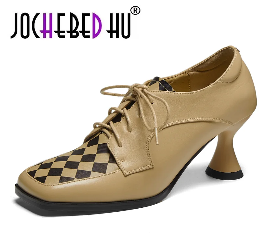 

【JOCHEBED HU】2022 New Fashion Mixed Color Women Cow Leather Pumps Lace Up Comfortable Low Thick Heels Casual Shoes Size 34-41