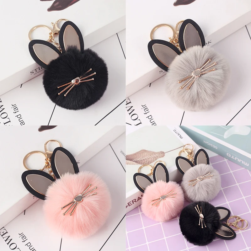 Модный милый плюшевый помпон брелок с головой кошки пушистый шар из кроличьего